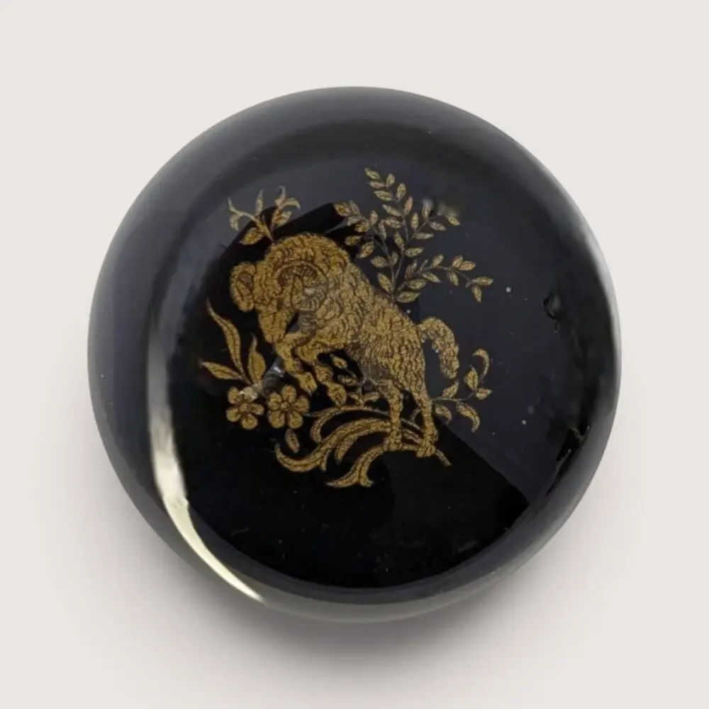 Vintage Chokin Style Gold Ram Lacquerware Glass Dome Paperweight